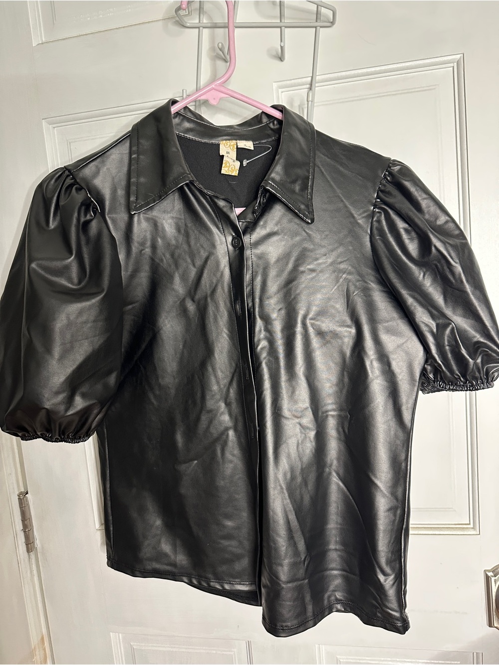 Misia Black Faux Leather Puff Sleeve Button-Down Shirt